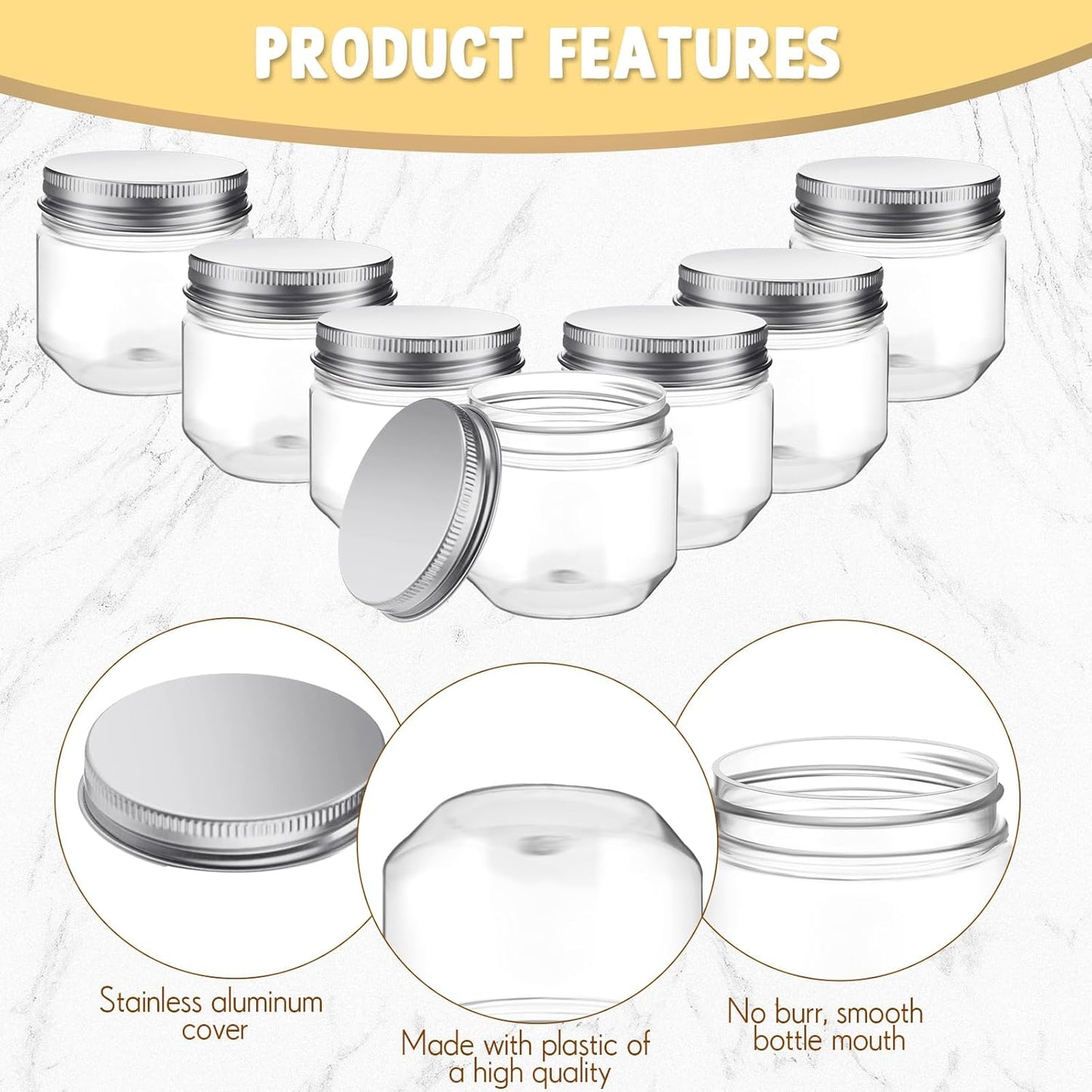 Tanlade 60 Pcs 3 oz Clear Plastic Jars with Lids Wide Mouth Mason Jars Mini Storage Containers Bulk for Herb Jelly Wedding Valentine Favors Shower Party Favors(Silver)