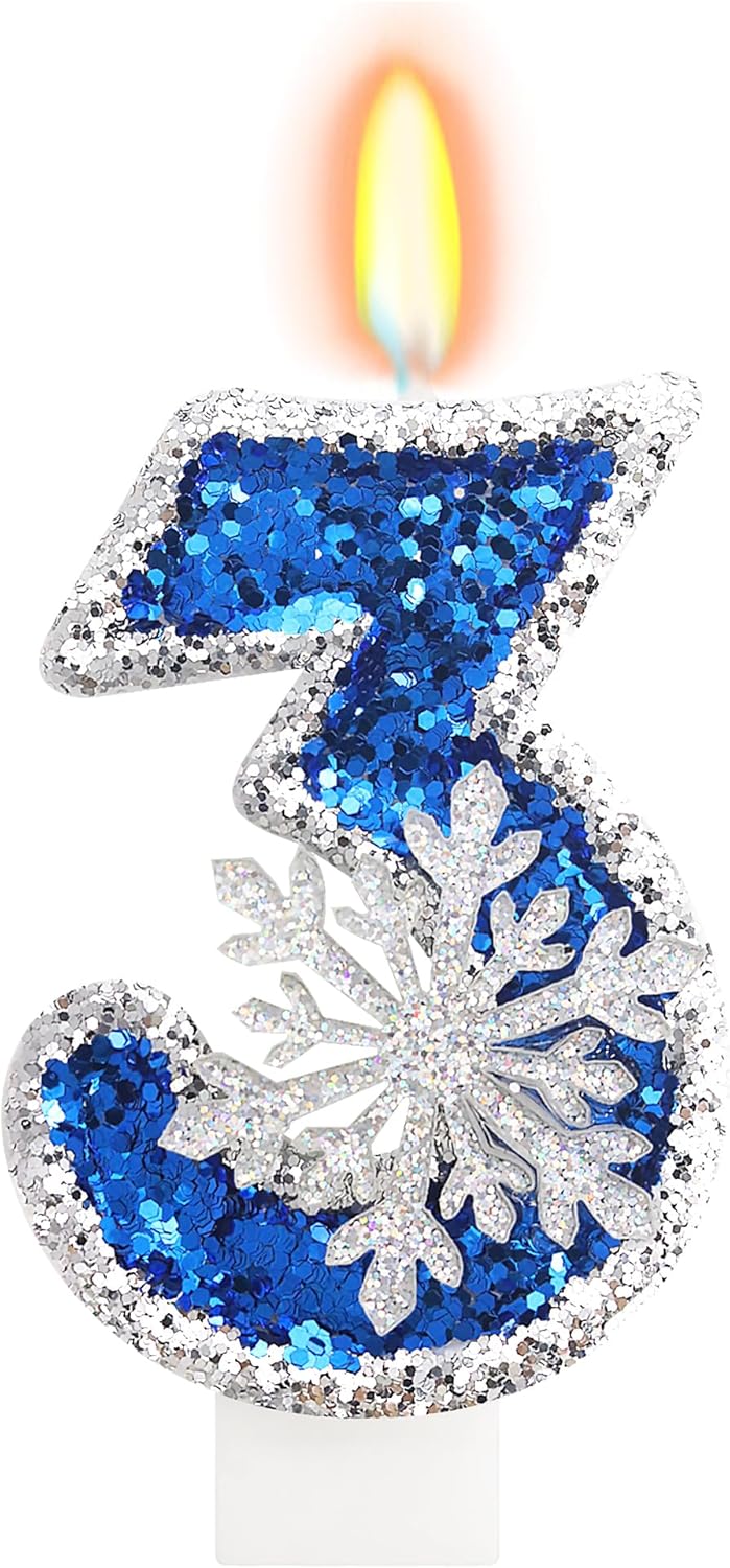 Frozen Themed Birthday Decorations, Snowflake Number 3 Candles for Kids Adults Birthday Party Supplies, 2.76 inch Glitter Cake Topper Decorations (Number 3)