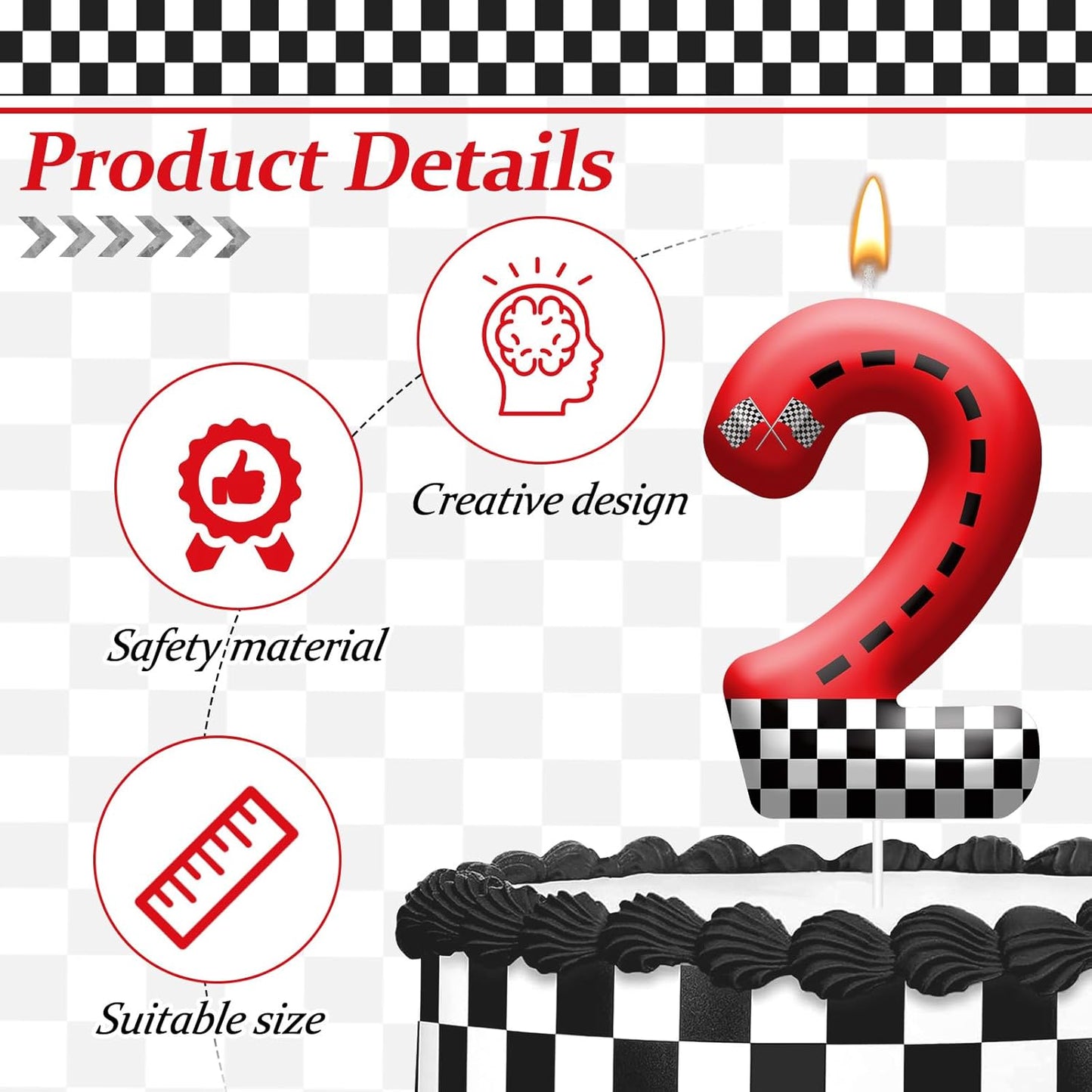 Racing Car Theme Birthday Candle with Checkered Flag Design - Durable Cake Topper for Race Car Party Decorations,Birthday Supplies - Number 2 Candle for Racing Themed Celebrations