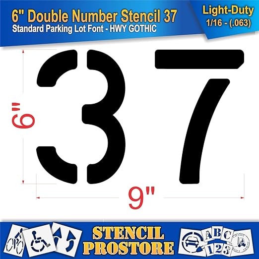 Pavement, Curb, and WheelStop Stencils - 6 inch Double Number Stencil - (37) - 6" x 9" x 1/16" (63 mil) - Light-Duty