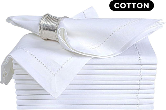 Bedding Craft Cotton Cloth Dinner Napkins Set of 12 – 18x18 White with Hemstitched Mitered Corners – Machine Washable Fabric Napkins for Weddings, Dinner Parties & Table Decorations