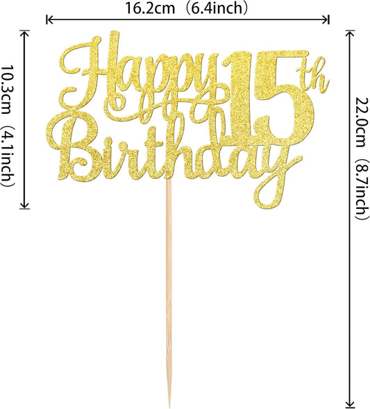 1 PCS Happy 15th Birthday Cake Topper Gold Glitter Cheers to 15 Years Birthday Cake Pick Mis Quince 15 Fabulous Cake Decoration for Happy 15th Birthday Theme Party Decorations Supplies