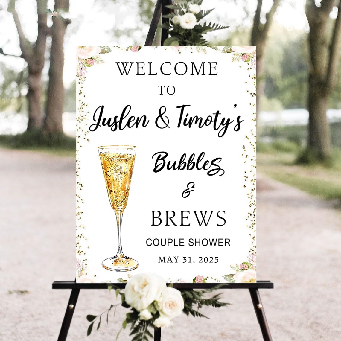 Personalized Greenery Eucalyptus Bubbles and Brews Couples Shower Welcome Sign, Gold Modern Minimalist Wedding Shower Bridal Party Decoration, Outdoor Plastic Sign Weatherproof #17