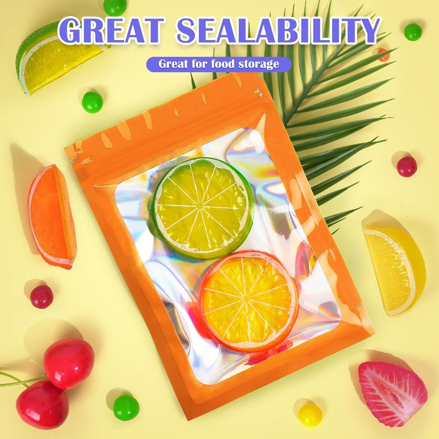 100 Pcs Mylar Bags, Smell Proof Bags Foil Pouch, Holographic Resealable Bags for Small Business, Candy Sample Jewelry Bag Sealable Packaging for Party Favor Food Storage (3x5in-Orange)
