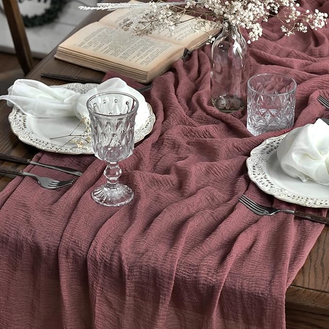 Artoid Mode Boho Cheesecloth Gauze Dusty Rose Wedding Table Runner, 120 Inch Seasonal Fabric Kitchen Dining Holiday Table Decor for Home Party Indoor