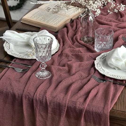 Artoid Mode Boho Cheesecloth Gauze Dusty Rose Wedding Table Runner, 160 Inch Seasonal Fabric Kitchen Dining Holiday Table Decor for Home Party Indoor