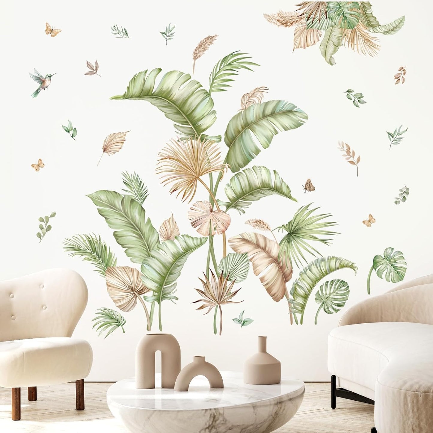decalmile Boho Palm Leaves Wall Decals Tropical Plants Green Leaf Wall Stickers Bedroom Living Room Sofa TV Background Wall Decor
