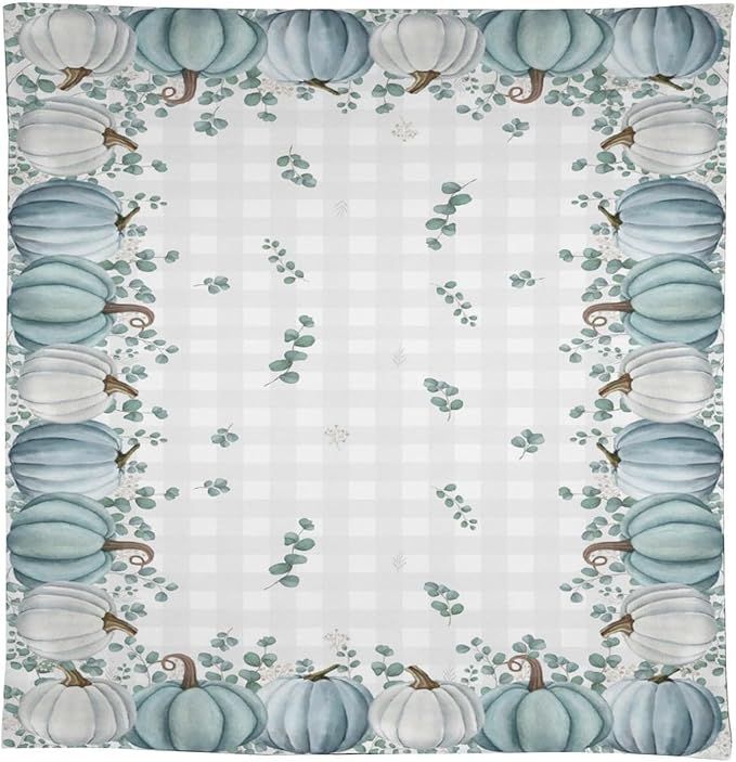 YCness Thanksgiving Pumpkin Tablecloth, Watercolor Eucalyptus Leaves Autumn Harvest Fall Watercolor Blue Gray Grid Table Cover for Party Picnic Dinner Kitchen 60x120 Inch Rectangle