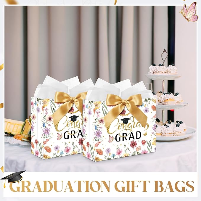 Maitys 12 Pack 13" Large 2026 Graduation Gift Bags Bulk with Handle, Tissue Papers, Cards, Ribbons Class of 2026 Congrats Grad Wildflower Paper Wrapping Bag for College Graduation Party Supplies