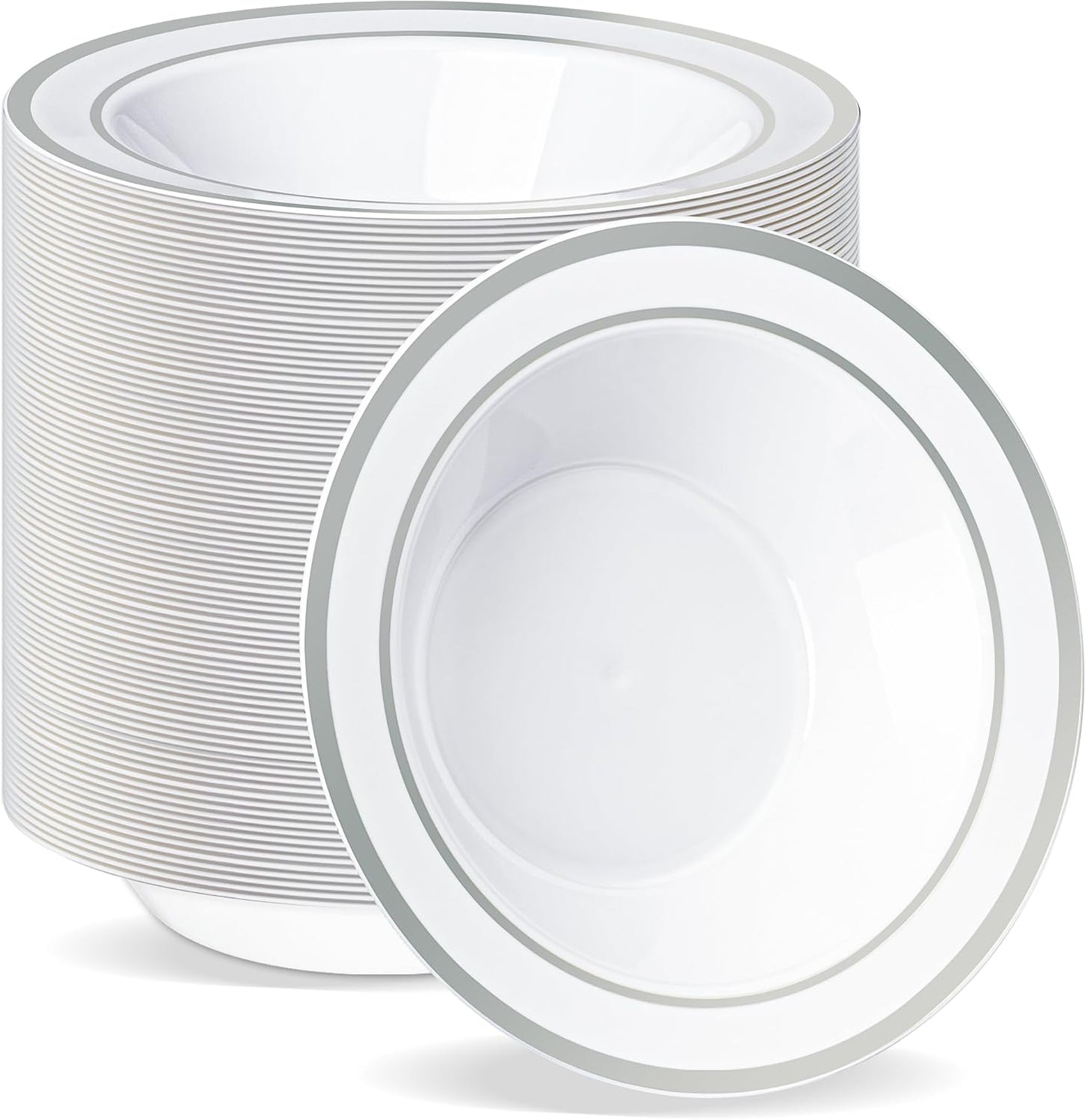 BESTVIP 100 Pack Plastic Disposable Soup Bowls, 12 oz White Dessert Bowls with Silver Rim, Heavy-duty Salad Bowl for Party, Wedding, Christmas, Thanksgiving, Dinner, Catering