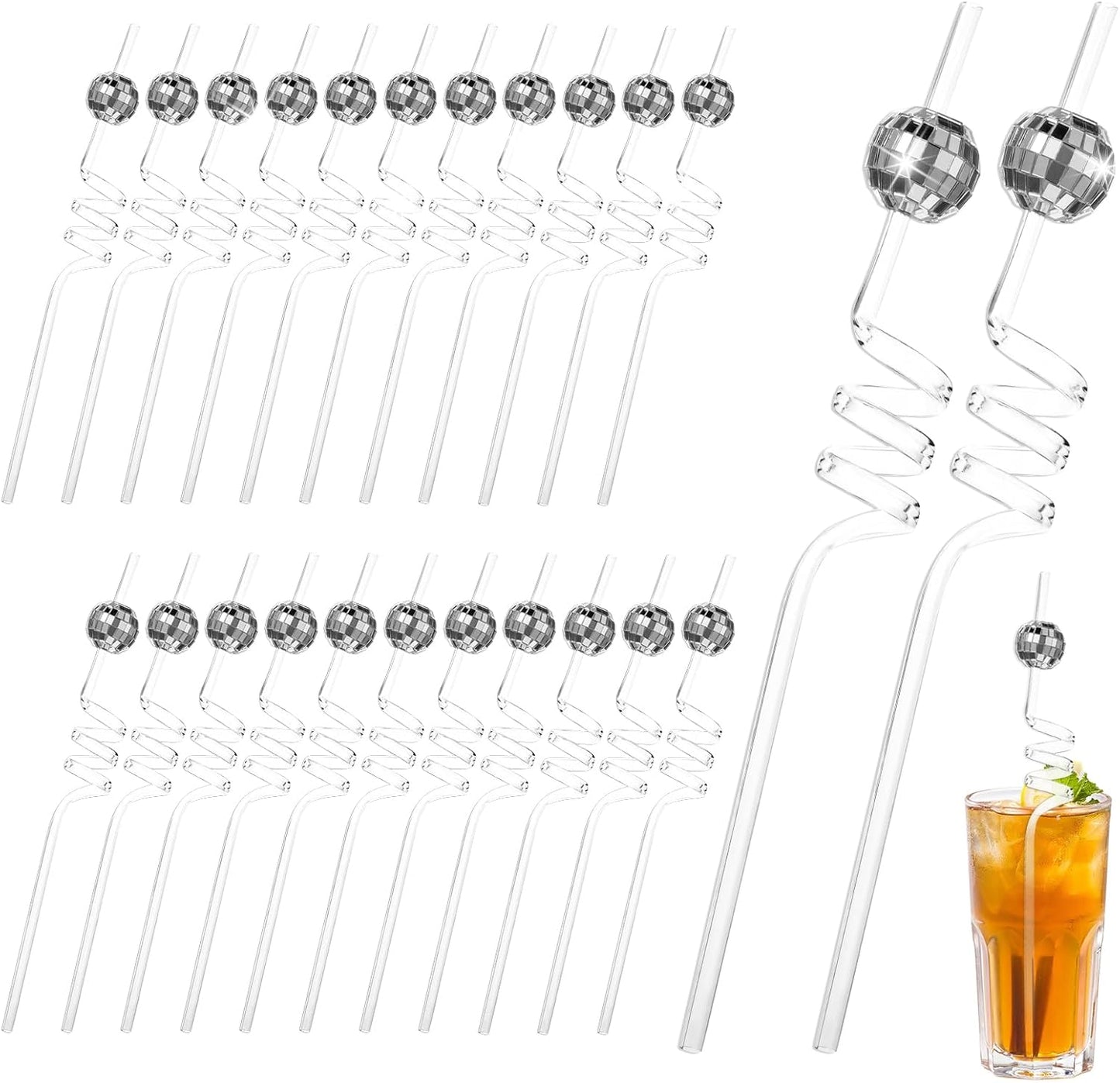 Giantree 24PCS Disco Ball Straws 70s Disco Ball Straws Mini Disco Ball Decor Reusable Straw Plastic Straws Reusable for Disco Party Decorations Birthday Wedding Cocktail Cup Decoration Silver