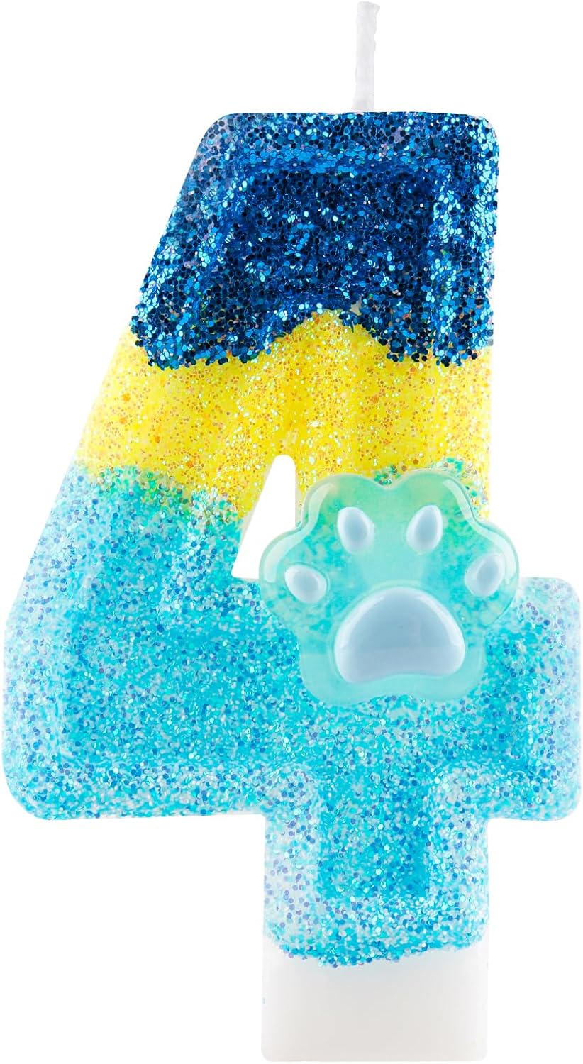 Honglus Glitter Blue Dog Paw 4 Candle for Birthday Blue Number 4 Candle Dog Paw 4 Glitter Cake Topper for 4th Birthday Party Supplies Anniversary Decorations
