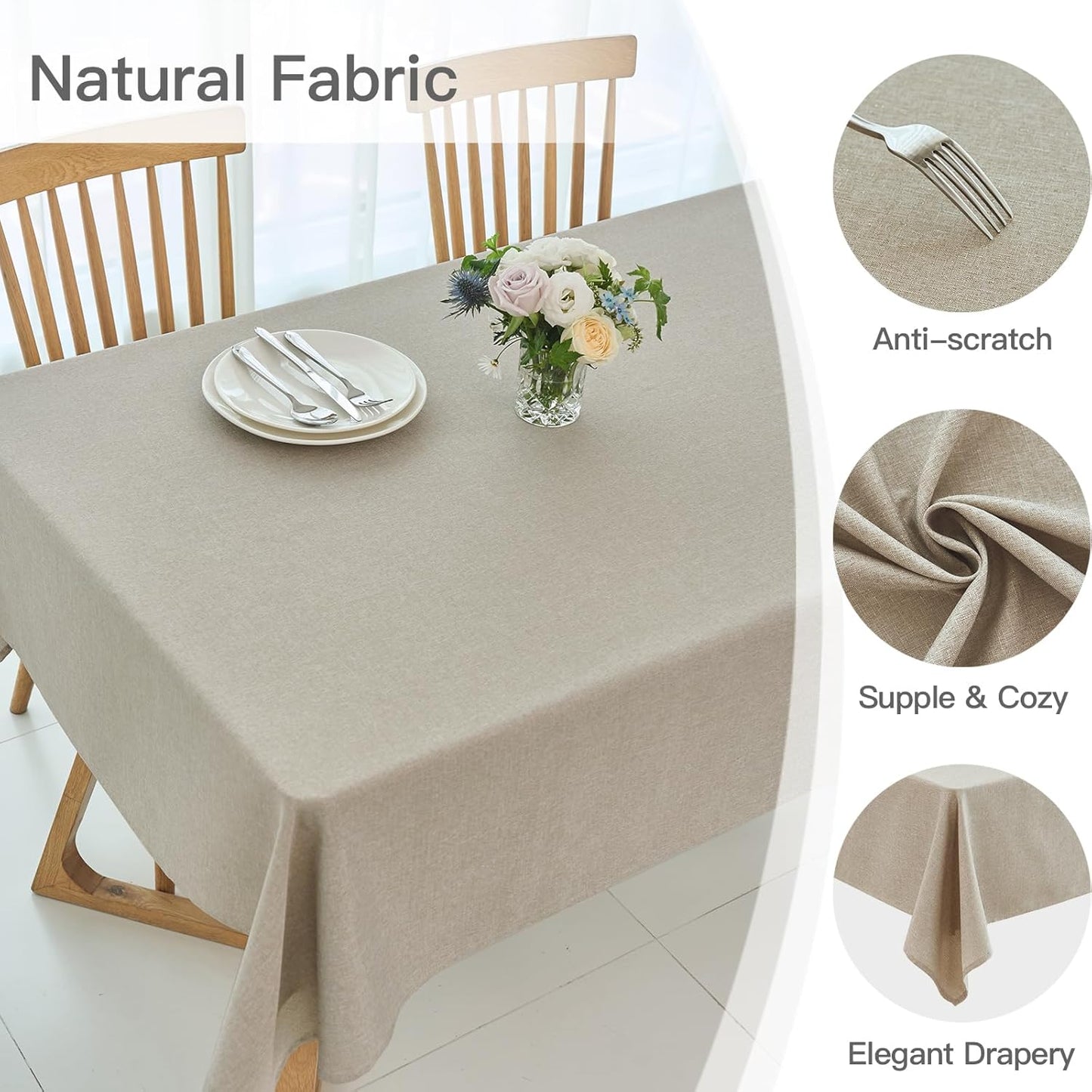 maxmill Rectangle Linen Textured Tablecloth Waterproof Spillproof Wrinkle Free Washable Fabric Table Cloth Kitchen Dining Tabletop Decoration Table Cover for Holiday Dinner Party, 52 x 70 Inch, Linen
