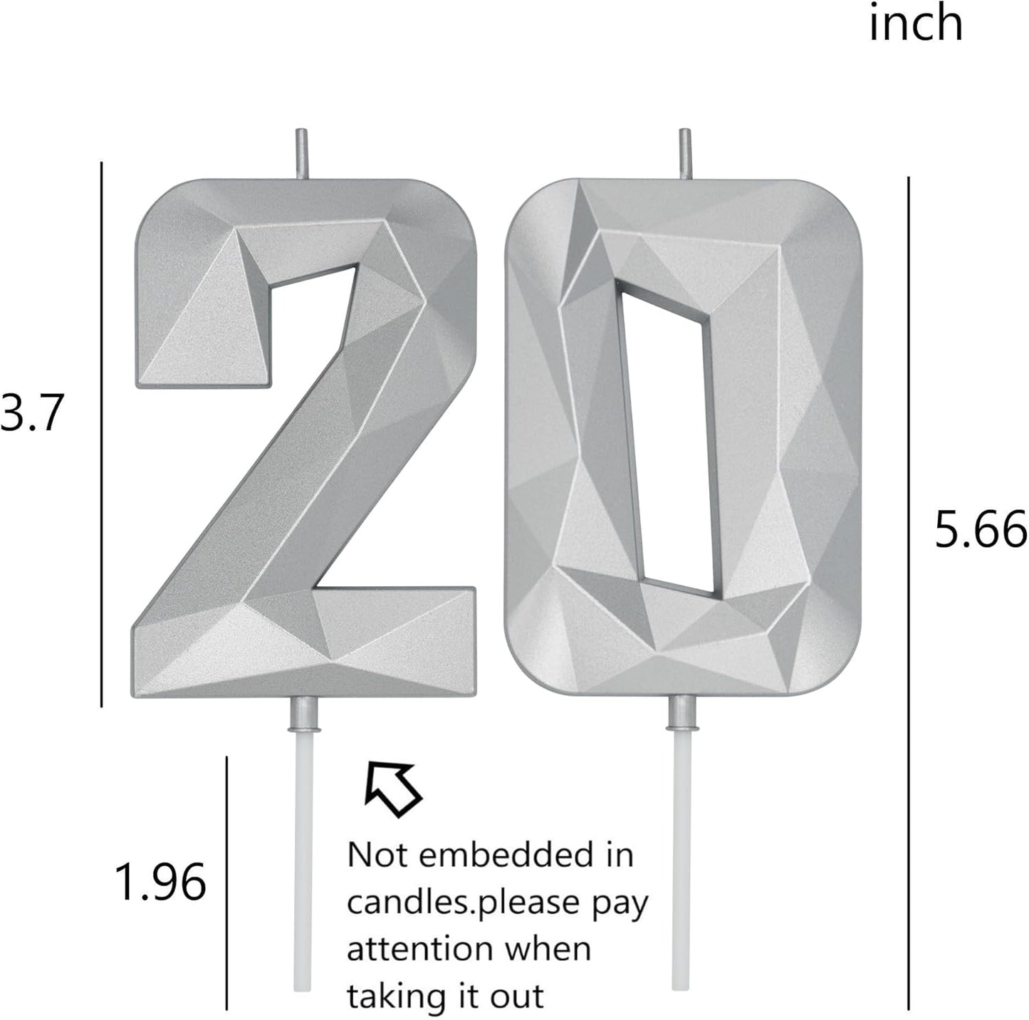DERVENTA Birthday Candle Big Number 3D Silver 3.7 inch Party Celebration Anniversary Decoration Cake Topper 1 Piece (Number 20 Silver)