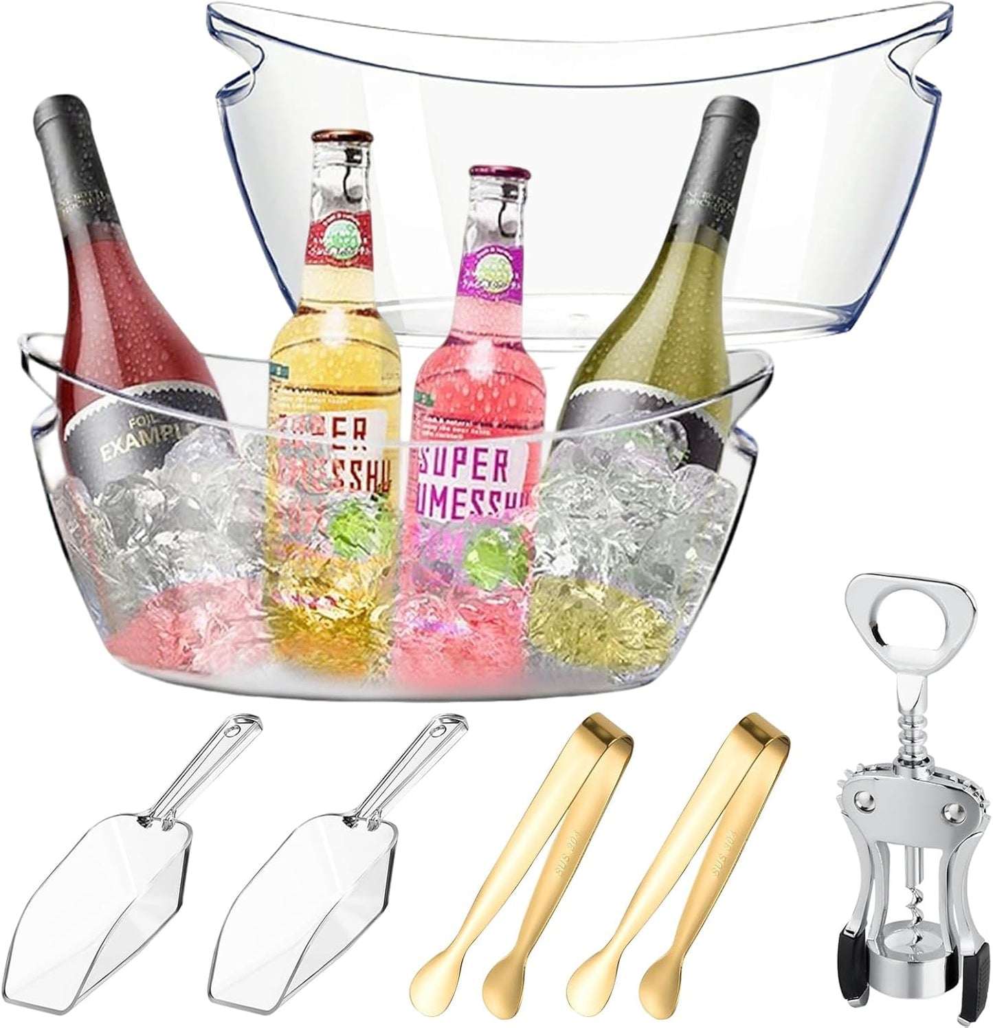 Ice Buckets for Parties,Ice Bucket Bowls of 2pcs with Scoops(2pcs)&Metal Wine Bottle Opener&Ice Clip(2pcs),5.5L Large Clear Acrylic Ice Champagne Buckets Tub for Parties,Mimosa Bar Supplies,Beer