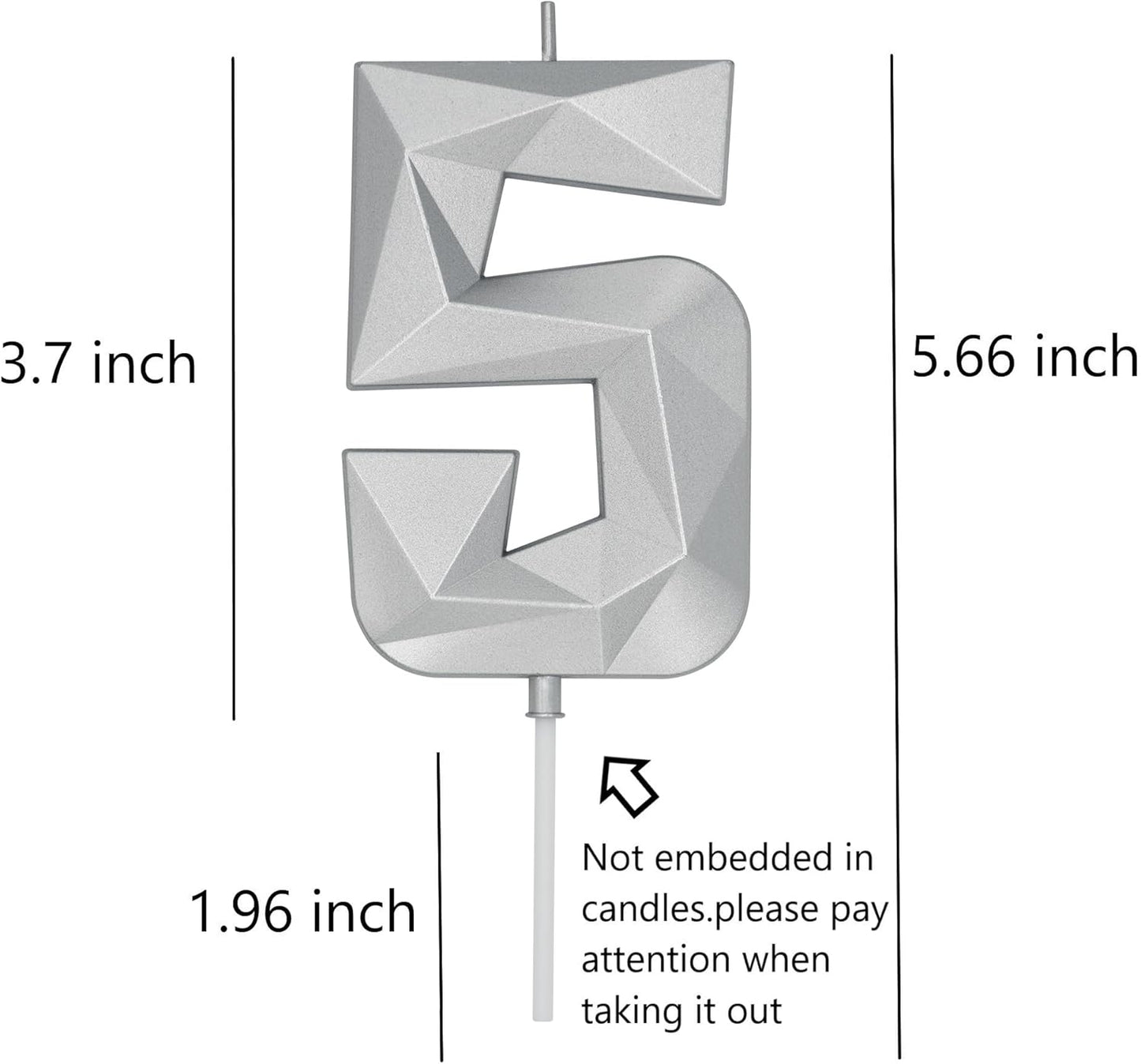 DERVENTA Birthday Candle Big Number 3D Silver 3.7 inch Party Celebration Anniversary Decoration Cake Topper 1 Piece (Number 5 Silver)