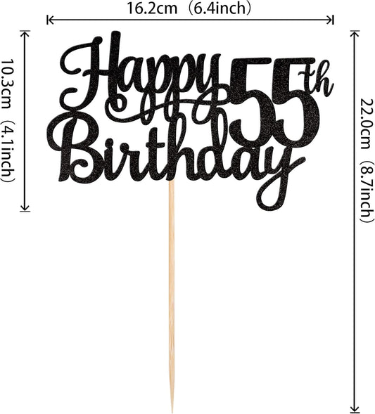 1 PCS Happy 55th Birthday Cake Topper Glitter Cheers to 55 Years Birthday Cake Pick 55 Fabulous Cake Decoration for Happy 55th Birthday Theme Party Decorations Supplies Black