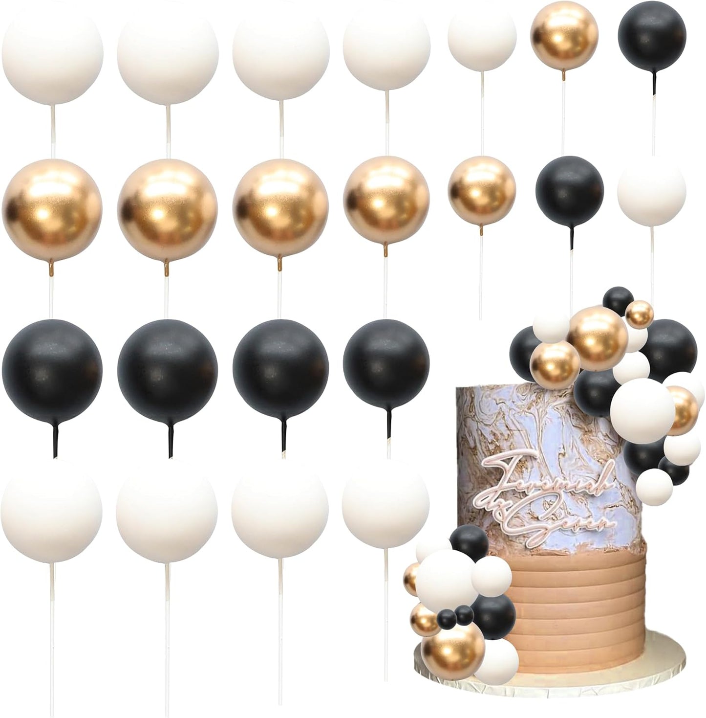 Ephlyn 30Pcs Ball Cake Topper Ball Cake Picks Colorful Pearl Ball Shaped Cupcake Insert Cake Topper for Bear Theme Birthday Party Favors Wedding Decoration Light Gold Black White