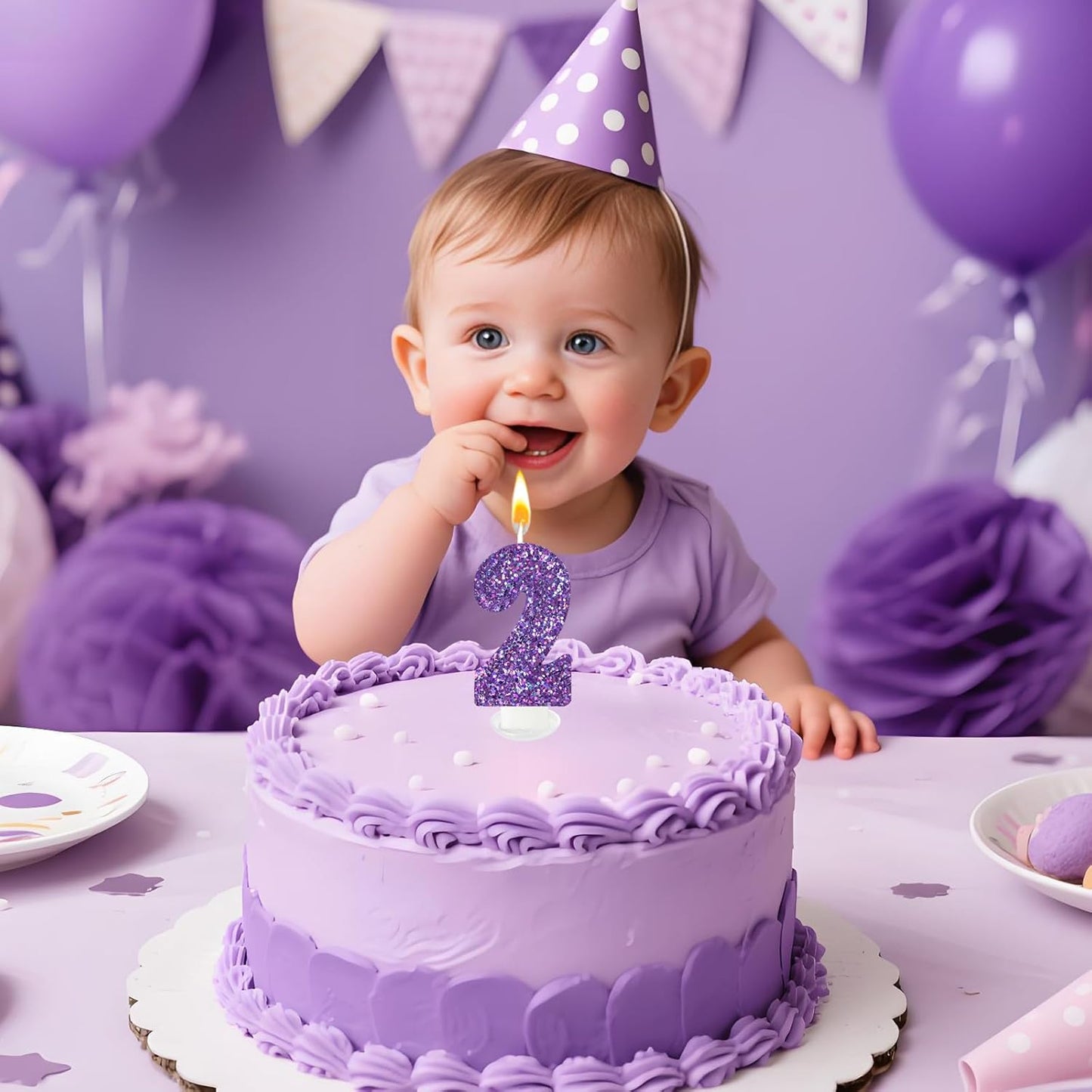 Birthday Number Candles, Glitter Number Candle Cake Decorations with Sequins, Cupcake Decorations for Girls, Women, Party Anniversary Celebrations (Number 2, Purple)