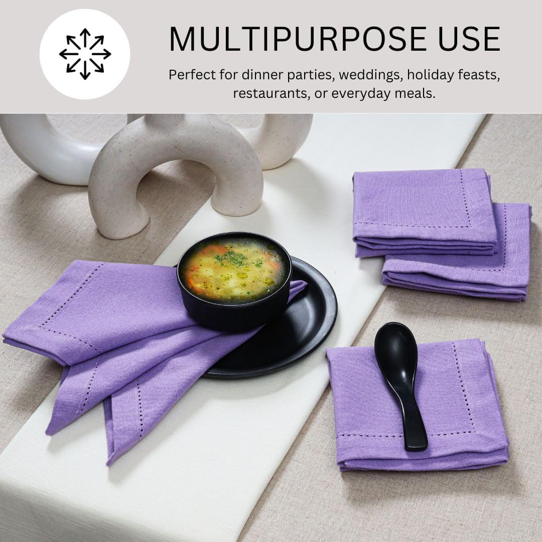 Hemstitch Dinner Napkins 100% Cotton Set of 12 - for Dining Weddings Parties Holidays Easter Everyday Use - Soft Durable Washable Table Napkins - 18x18 Inch Cloth Napkins Lavender/Purple