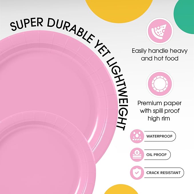 Exquisite Pink Paper Plates Disposable Heavy Duty 100 Pcs - 50-7" & 50-9" Pink Disposable Plates For Party Heavy Duty Paper Plate 350 GSM Birthday Party Supplies Plate Set