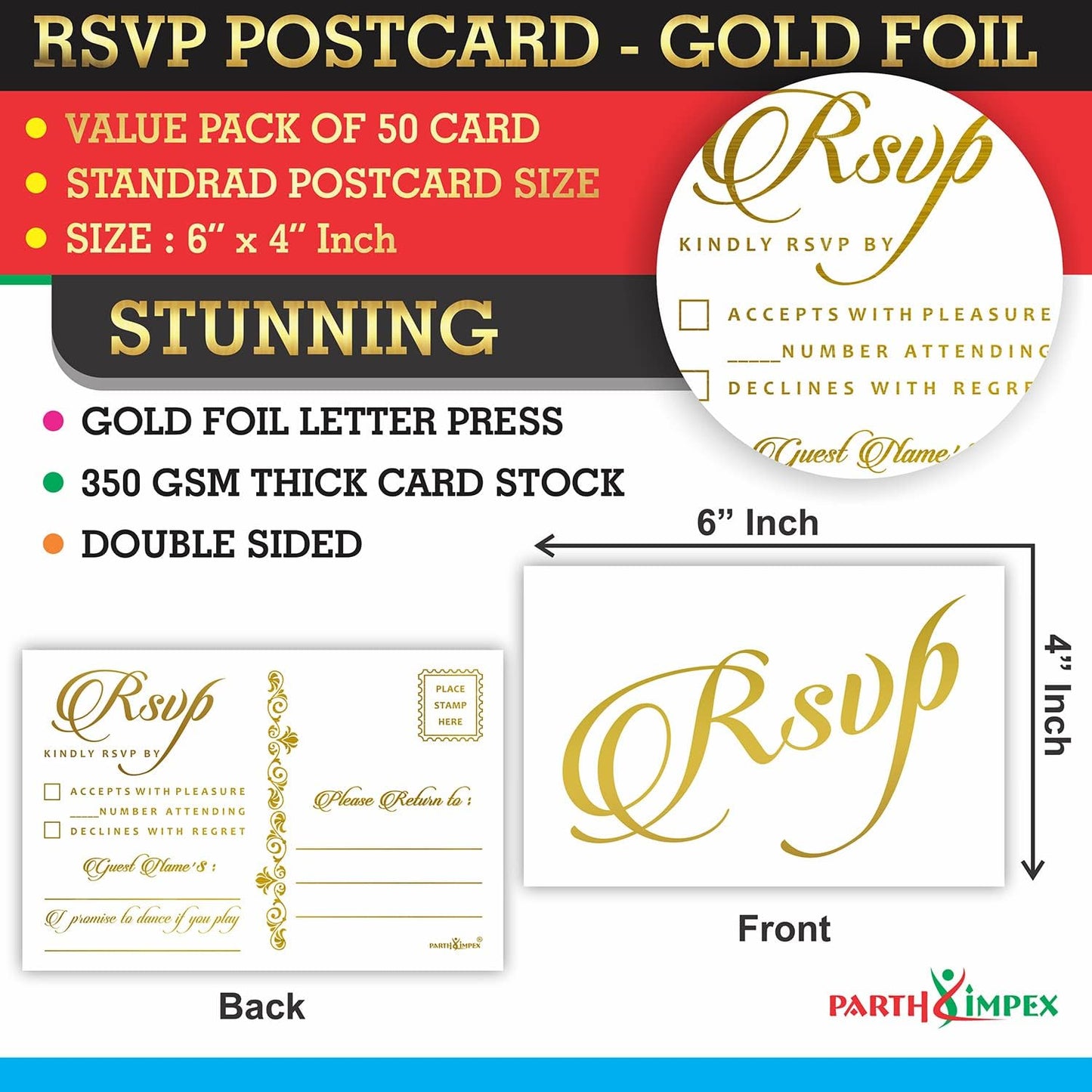 PARTH iMPEX RSVP Postcards for Wedding - Pack of 50 Gold Foil 4x6 Response Cards with Mailing Side White Mailable Invitations for Bridal Shower Reception Engagement Party Anniversary Event Stationery