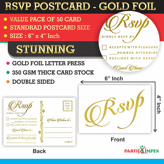 PARTH iMPEX RSVP Postcards for Wedding - Pack of 50 Gold Foil 4x6 Response Cards with Mailing Side White Mailable Invitations for Bridal Shower Reception Engagement Party Anniversary Event Stationery