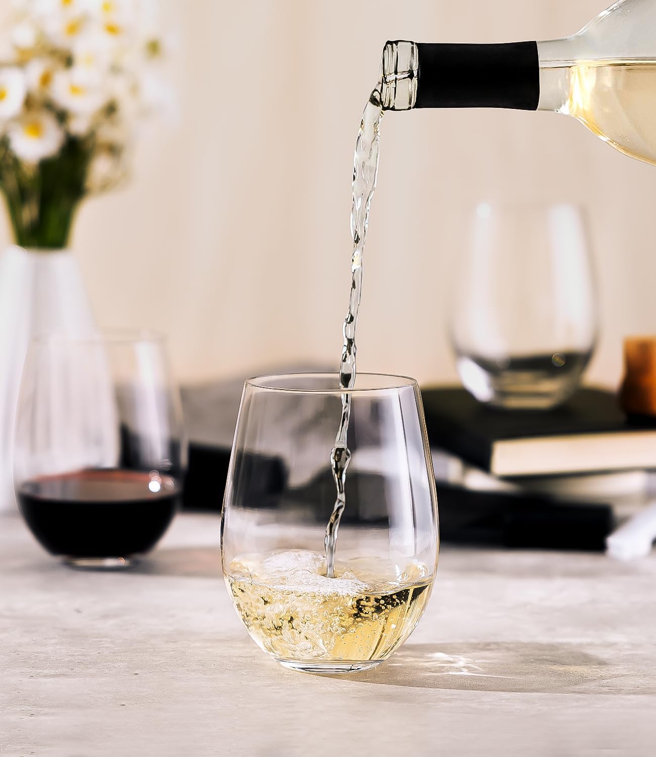 LUNA & MANTHA Stemless Wine Glasses Set of 4, 18oz Crystal Red White Wine Glasses for Daily Use, Hosting, Home Bar, Evening Party, Birthdays, Shower, Housewarming Gift, Clear