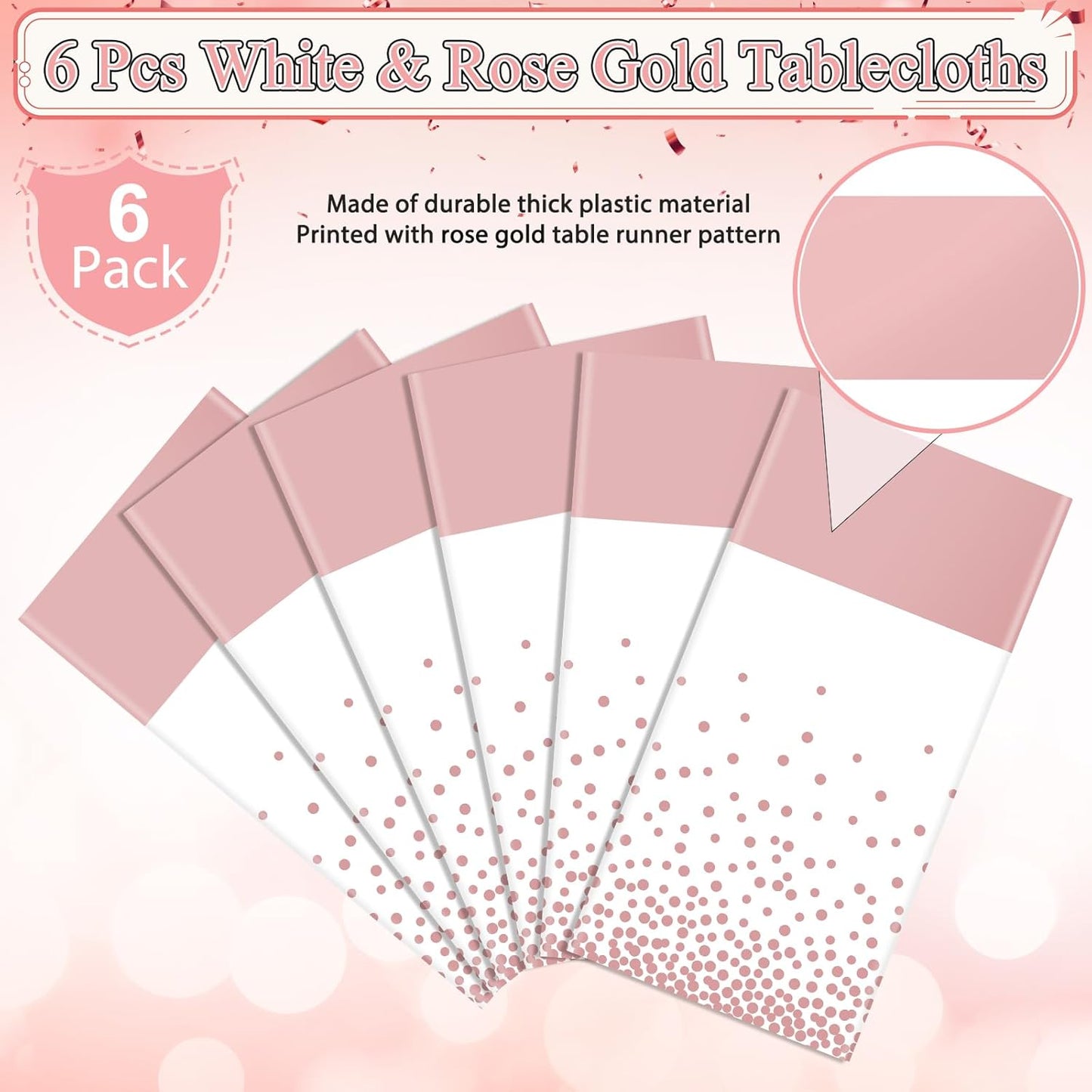 6Pcs White and Rose Gold Tablecloth Party Decorations,Plastic White Table Cloth Printed Rose Gold Table Runner Disposable Rectangle Table Cover for Birthday Anniversary Wedding Grad Party,54 x108 Inch