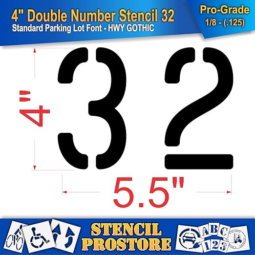 Pavement, Curb, and WheelStop Stencils - 4 inch Double Number Stencil - (32) - 4" x 5.5" x 1/8" (128 mil) - Pro-Grade