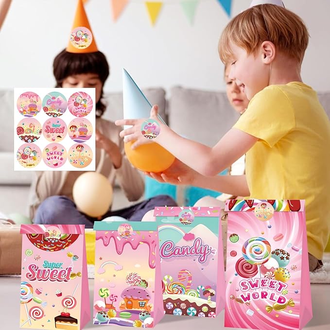 12Pcs Candy Sweet Land Goodie Bags with Stickers Lollipop Gift Bags Candyland Themed Party Favors Goody Treat Bag for Birthday,Baby Shower,Weddings,Guraduations Candy Shop Theme Party Supplies Decor