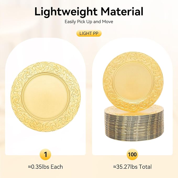 100 Pcs Gold Charger Plates Bulk, 13 Inch Antique Charger Plate Set Plastic Embossed Dinner Plate Reusable Plates for Table Setting Wedding Party (Gold)