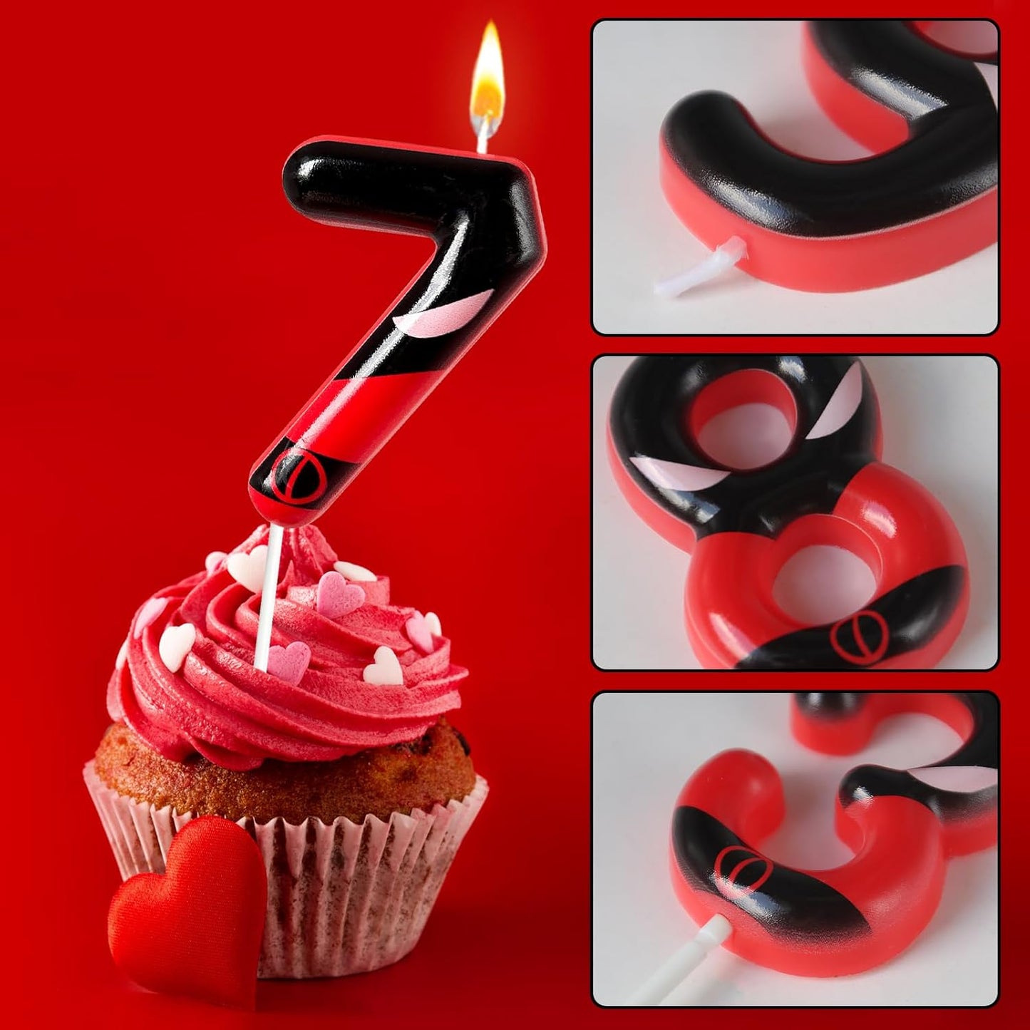 Black Red Mask Number 7 Birthday Candles - Comic Themed Cake Topper for Birthday Decorations Supplies, 7 Candle Party Favors (Number 7)