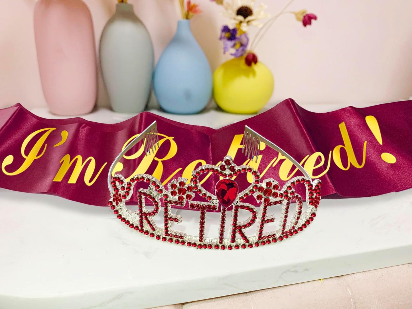 JETKONG Retirement Party Decorations Retired Tiara/Crown, Retired Sash for Women Retirement Gifts, Retirement Party Supplies, Gifts, Favors (Burgundy Red)