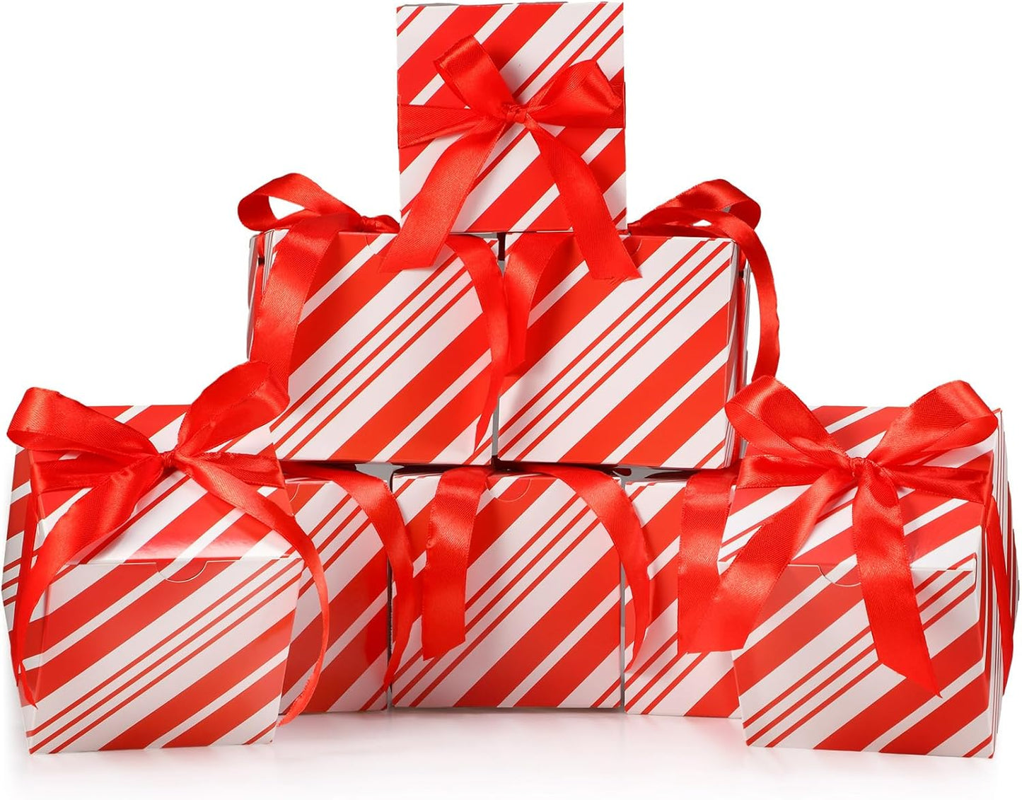 Dispowreath 48 Pcs 4x4x4 Christmas Gift Boxes with Ribbon Xmas Small Box with Lids Treat Boxes for Gift Wrapping Ornaments Wedding Holiday Birthday Party Favor(Red White Stripe)
