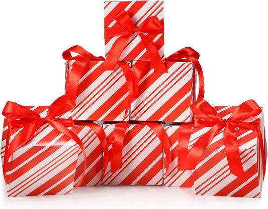 Dispowreath 48 Pcs 4x4x4 Christmas Gift Boxes with Ribbon Xmas Small Box with Lids Treat Boxes for Gift Wrapping Ornaments Wedding Holiday Birthday Party Favor(Red White Stripe)