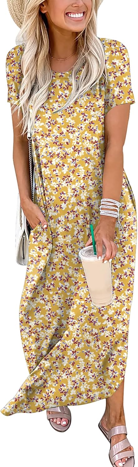ANRABESS Womens Summer Maxi Dress Short Sleeve Casual Loose Long T Shirt Dresses Split Vacation Beach Sundress Travel Outfits