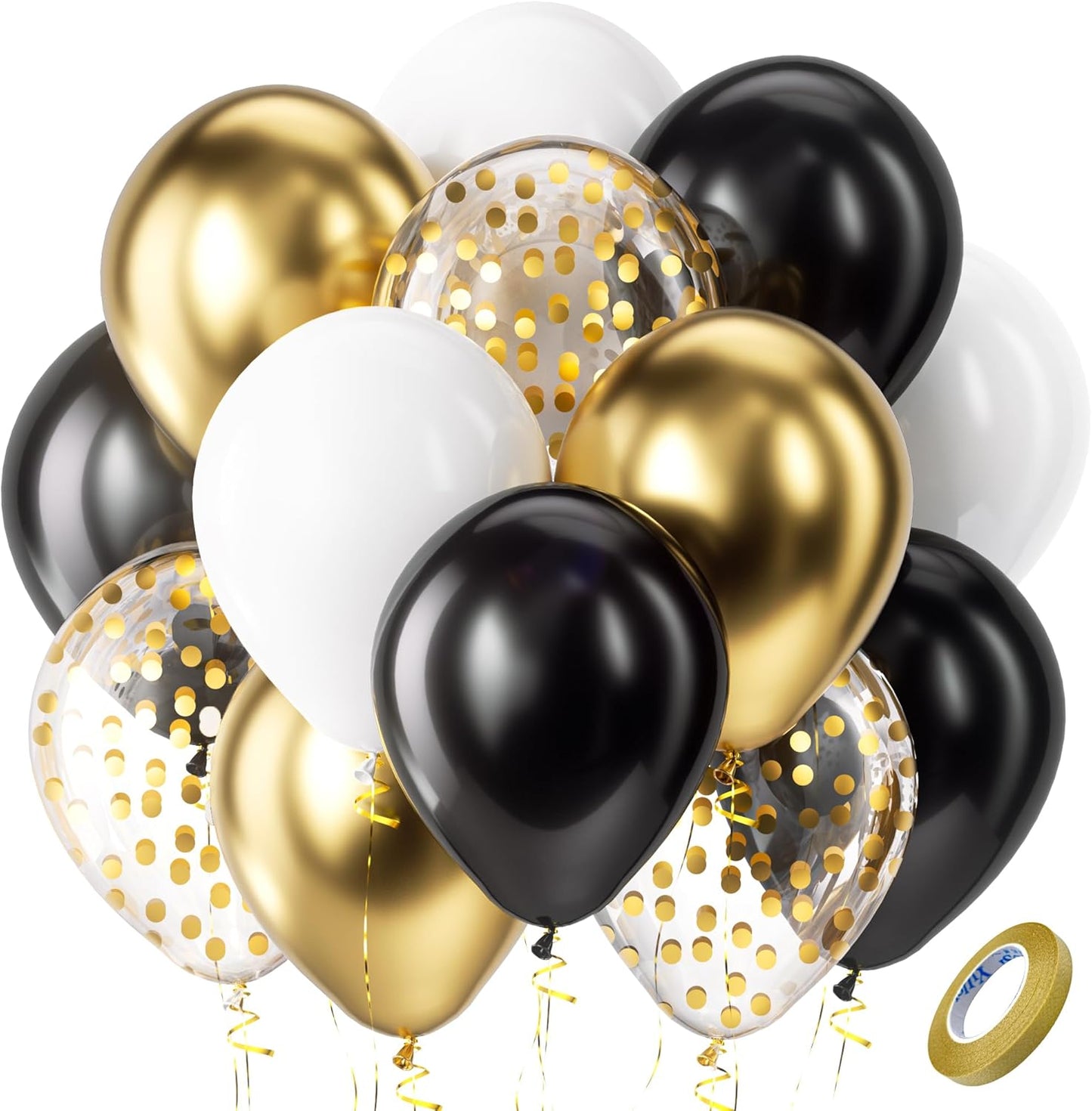 Bezente Black and Gold Confetti Balloons,60pcs 12 inch Black White and Gold Metallic Latex Party Balloons Set with Gold Ribbon for Birthday,Wedding,Baby Shower,Gold Theme Party Graduation Decorations