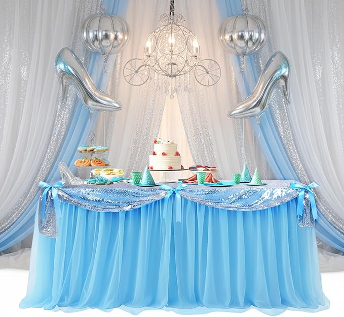 5 Pcs Princess Gray Party Tablecloth Blue and Silver Sequin Tulle Table Skirt 30 x 108 Inch Gray Princess Tables Cover for Birthday Party Decor Supplies(Bow, Silver)