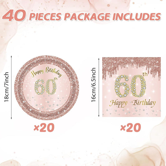 60th Birthday Decorations for Women, Rose Gold Sixty Year Old Party Supplies Include 20 Plates 20 Napkins, Pink 60 Aged Birthday Party Tableware