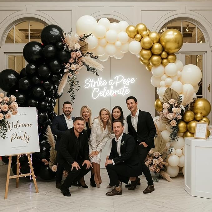 Black White and Gold Balloon Arch Kit – Double Stuffed Balloons in Black, Ivory with Metallic Gold – 5”/12”/18” Balloons for Graduation, Birthday, Retirement, New Year, Balloon Garland Decorations