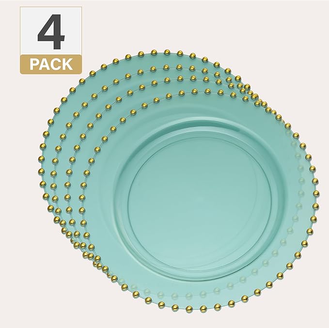 PLASTICPRO Translucent Green with Gold Rim Plastic Charger Plates with Beaded Edge – Pack of 4 – 13" Elegant Round Disposable Chargers for Weddings, Events, Parties, and Dinners