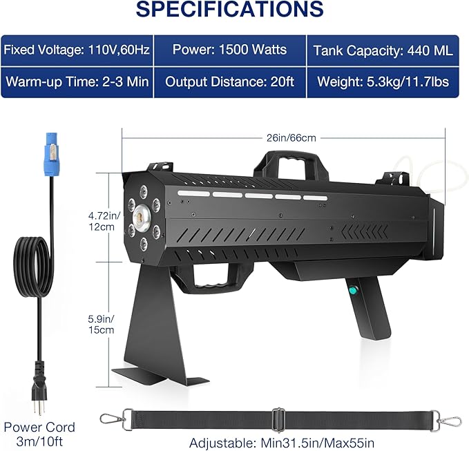 Handheld Fog Machine Gun for Party - 1500W Smoke Cannon with Color Changing Lights for DJ Events Concerts Parties Halloween Live Shows Stage Performances
