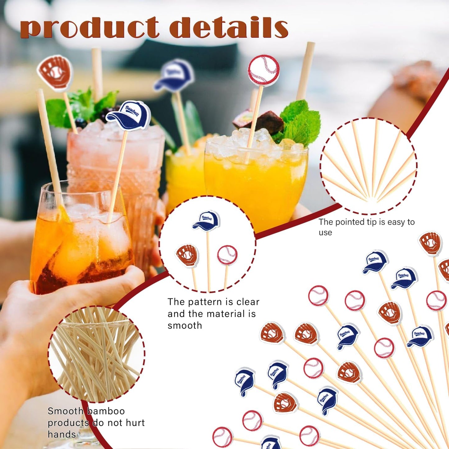 Baseball Cocktail Picks 5" Baseball End Decorative Toothpick Skewers Sticks for Appetizers Sandwich Food, Baseball Champions League Sports Catered Event Birthday Decorations Themed Party Supplies