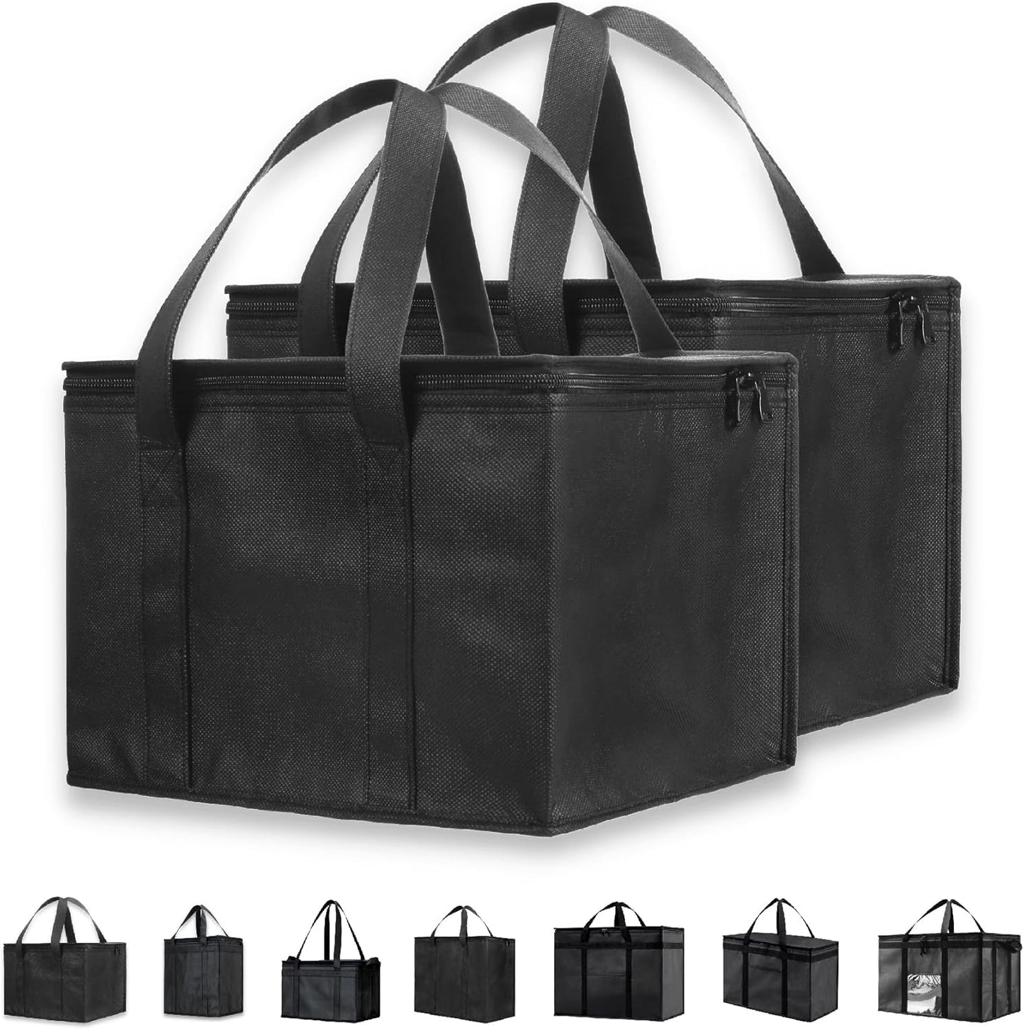 NZ Home Insulated Cooler Bag and Food Warmer (Medium, 2 pack) for Food Delivery & Grocery Shopping with Zippered Top, Black