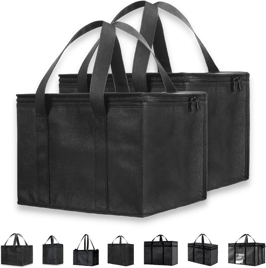 NZ Home Insulated Cooler Bag and Food Warmer (Medium, 2 pack) for Food Delivery & Grocery Shopping with Zippered Top, Black
