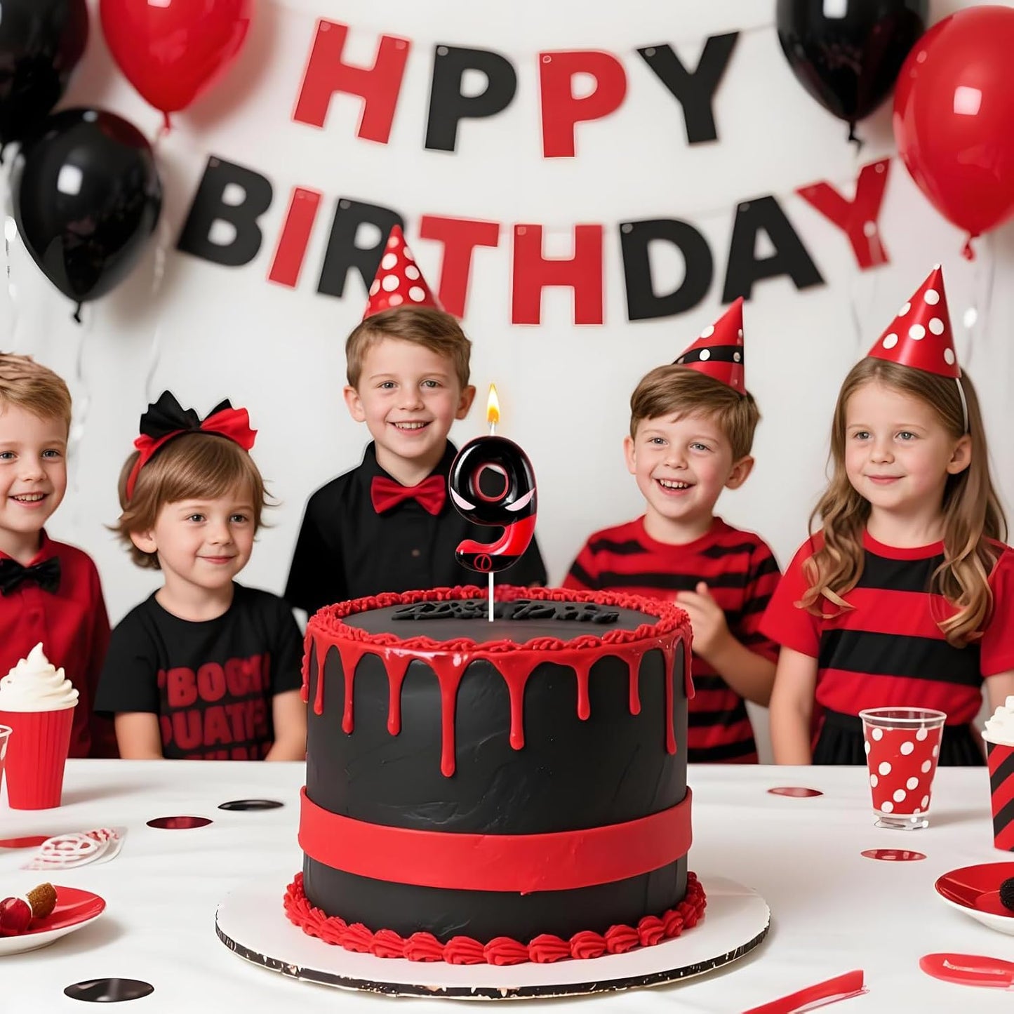 Black Red Mask Number 9 Birthday Candles - Comic Themed Cake Topper for Birthday Decorations Supplies, 9 Candle Party Favors (Number 9)