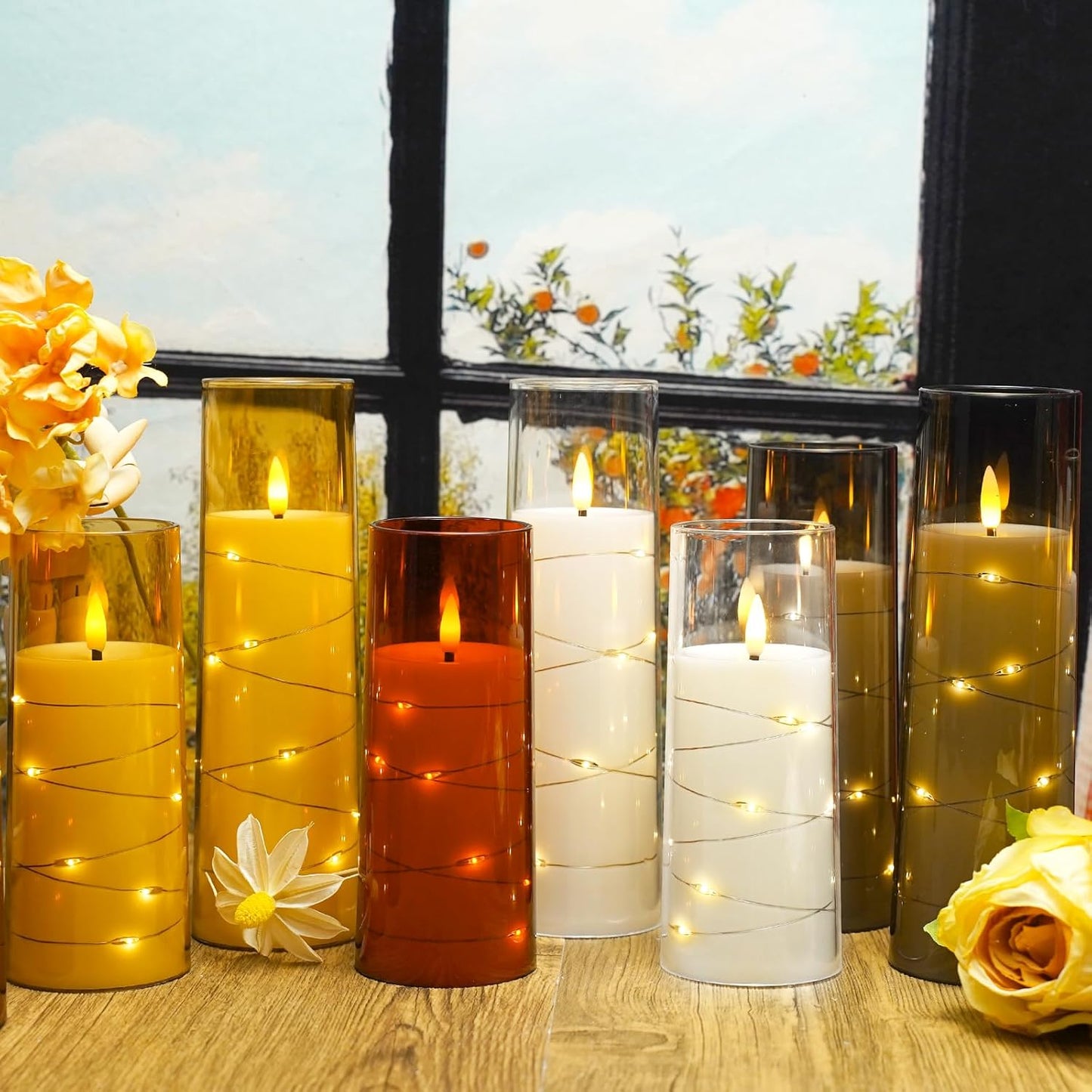 Flickering Flameless LED Candles, 9 Pcs with Embedded Star String, Acrylic LED Pillar Candles with Remote, Suitable for Home Decoration (Grey)