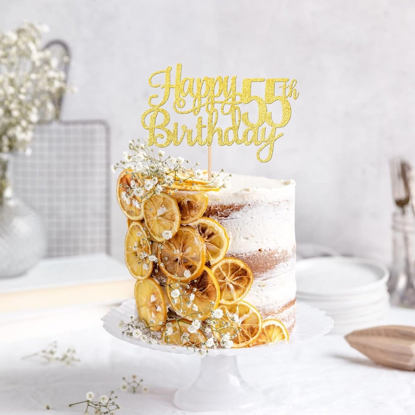 1 PCS Happy 55th Birthday Cake Topper Gold Glitter Cheers to 55 Years Birthday Cake Pick 55 Fabulous Cake Decoration for Happy 55th Birthday Theme Party Decorations Supplies