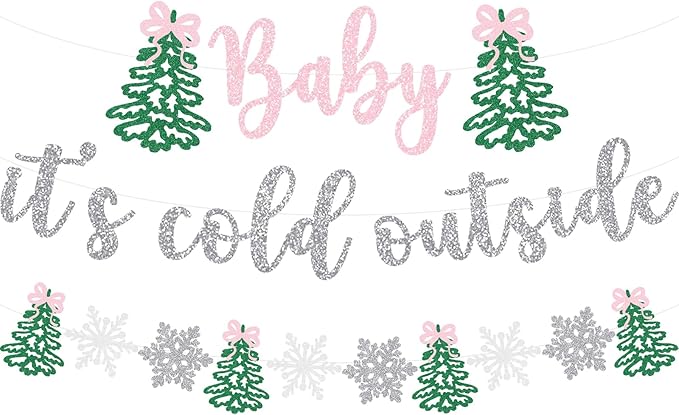 Pink Bow Baby It's Cold Outside Banner Christmas Baby Shower Decoration Winter Holiday Snowflake Welcome Newborn Party Supplies